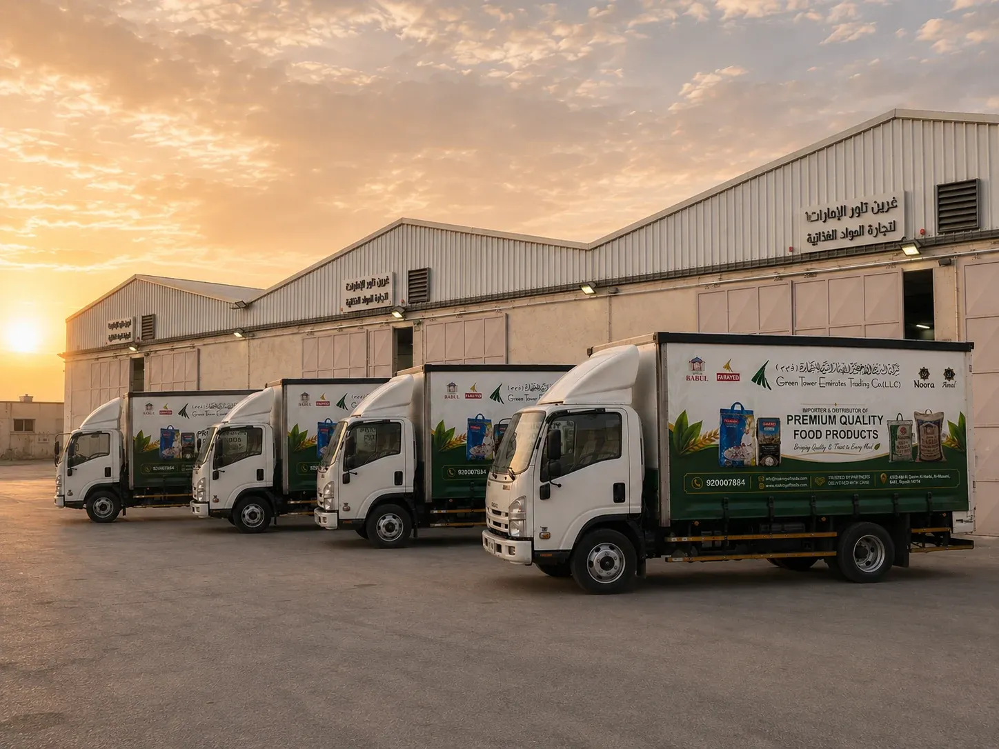 Four branded Green Tower Trading delivery trucks outside company warehouses